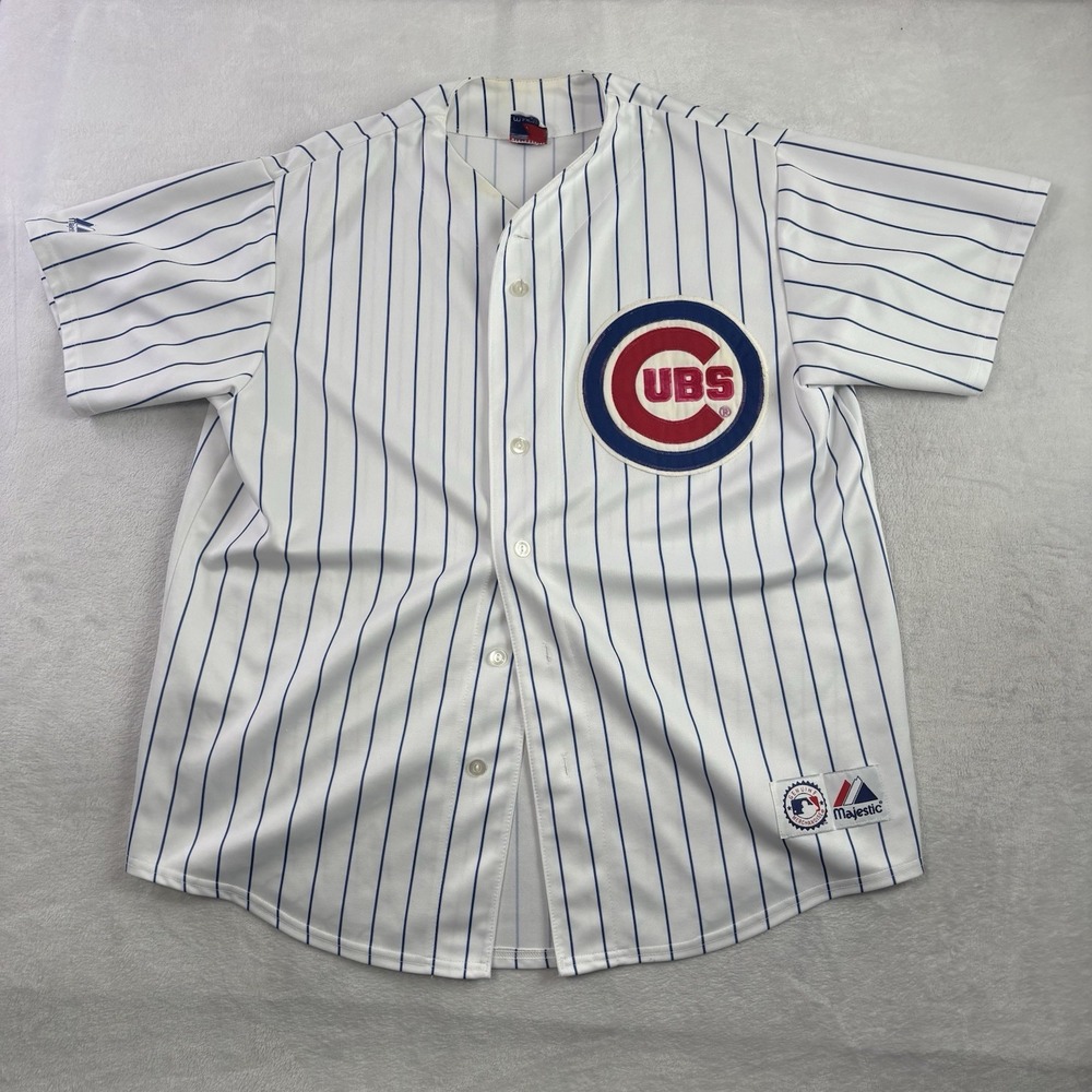 VTG Majestic Chicago Cubs White Blue Striped Baseball Jersey Bleach Stains XL